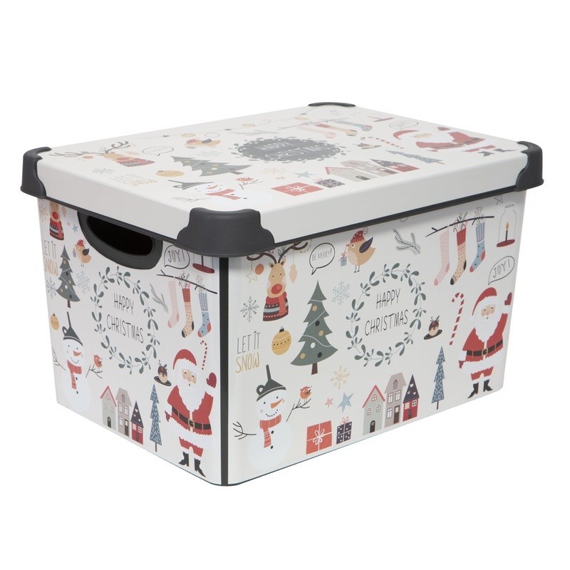 Happy Christmas Plastic Storage Tote Bin Stackable Holiday Décor Box W/ Lid New