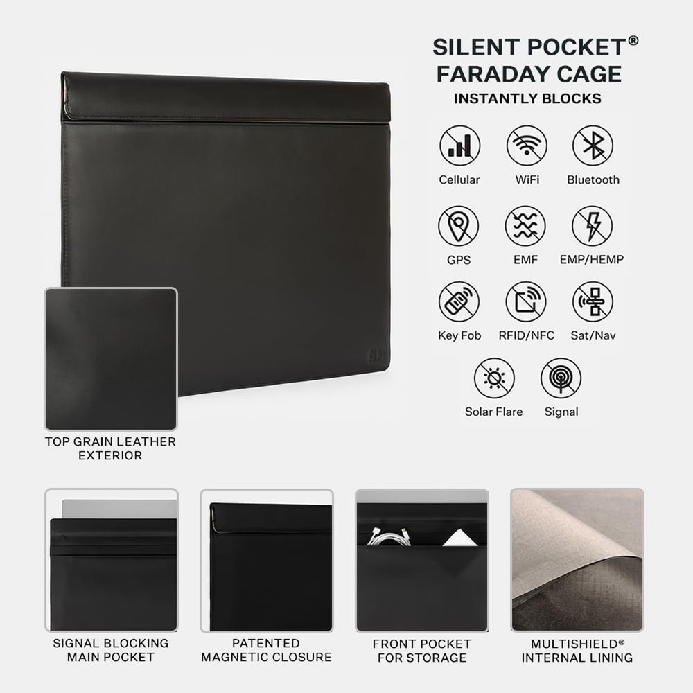 SLNT Leather Faraday Bag with Silent Pocket Technology - Signal Blocking Devi...