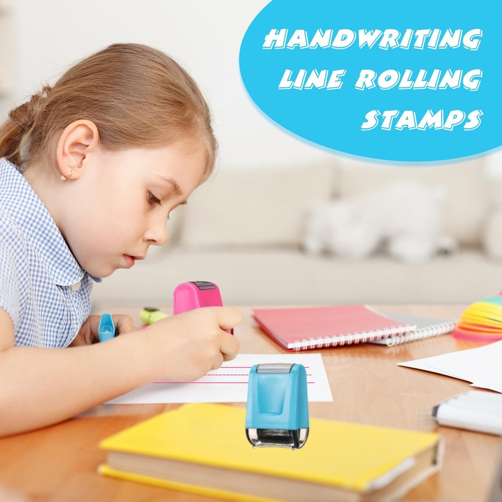 2 Pcs Dashed Handwriting Lines Stamps with Pink Blue Inks Refill Practice Sta...