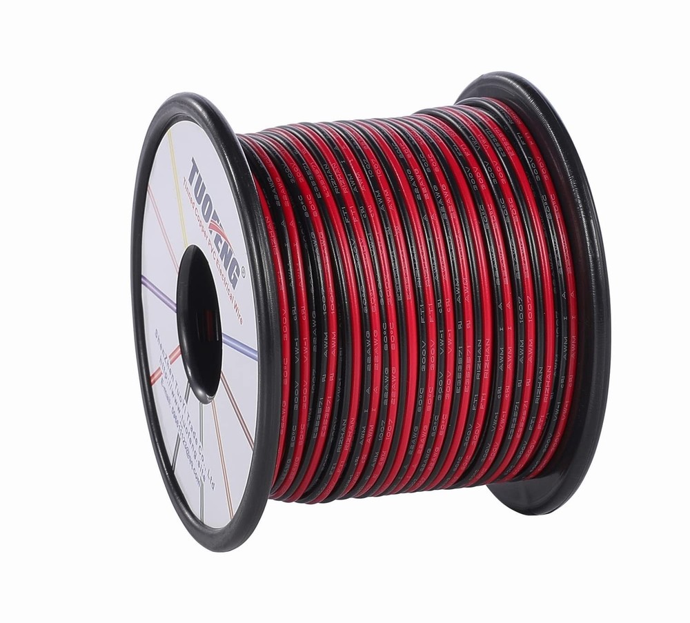 22 AWG Electrical Wire - Versatile 100ft Red/Black 2-Pin DC Cable