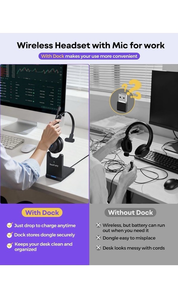 Wireless Headset with Mic for Work, Bluetooth Headphones with Microphone, Comput