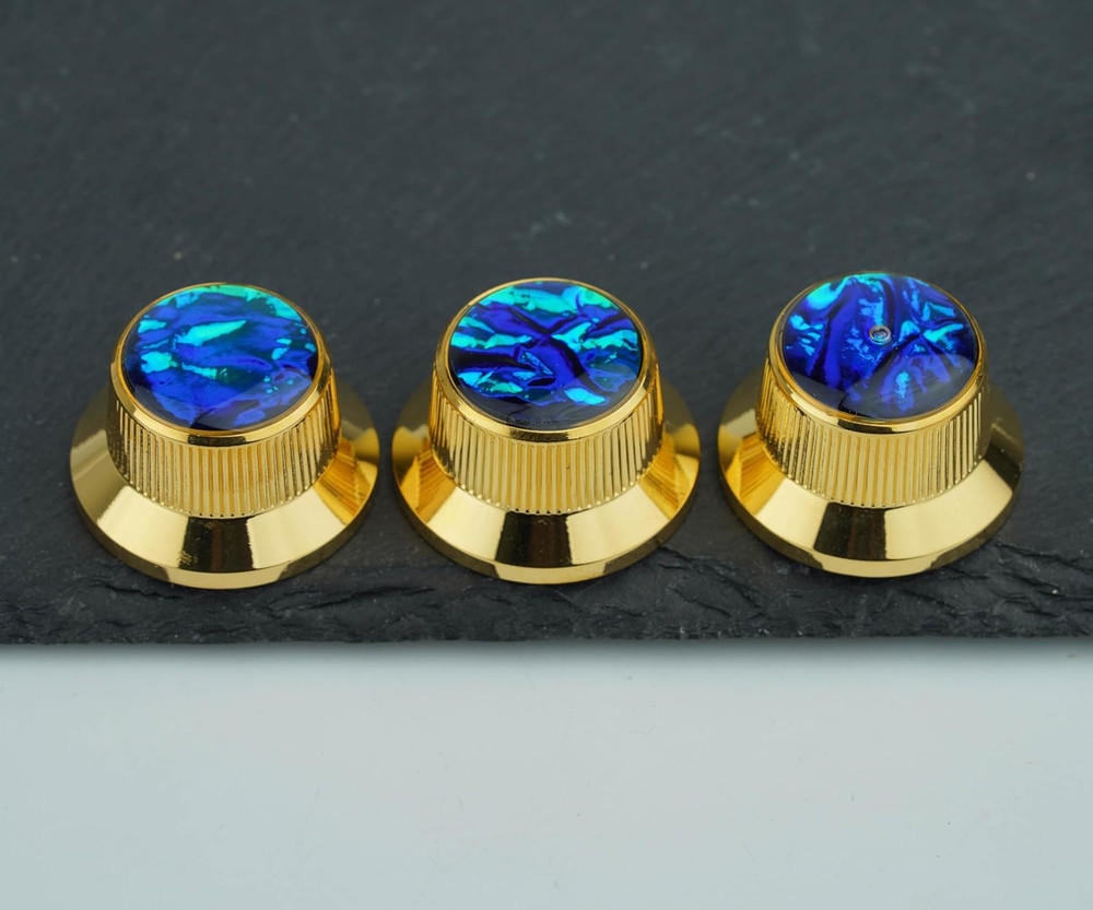 3pcs Gold Guitar Volume Tone Knobs with Blue Top Fit Stratocaster Strat