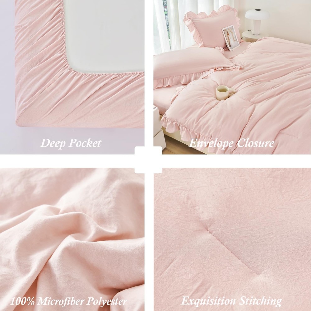 ANGIYUIN 5 Pieces Blush Pink Ruffled Comforter Sets Full(5Pcs),