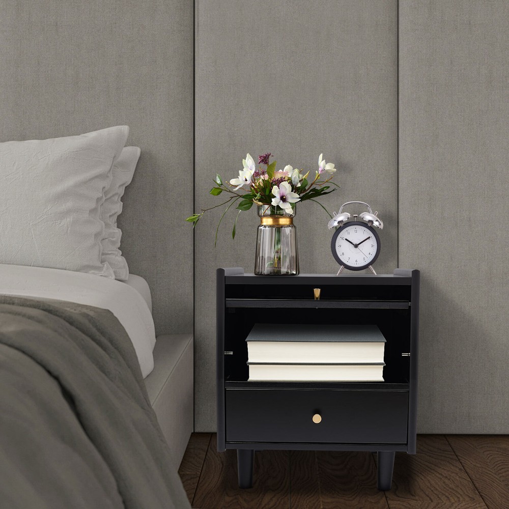 Two-tier Bedside Cabinet Nightstand Bedside Table Modern End Table Bedroom Black