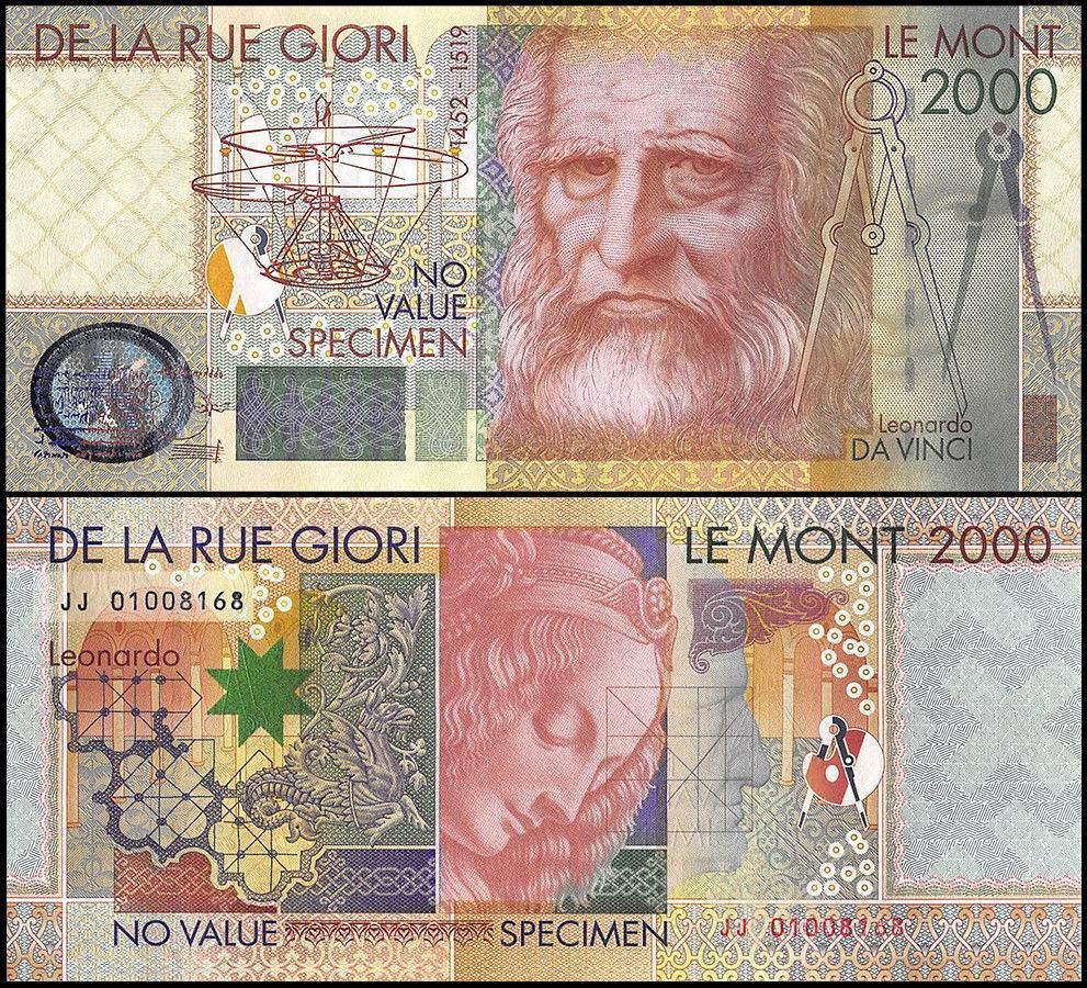 De La Rue Giori 2000 Leonardo da Vinci Test Note, 2000, UNC, Specimen
