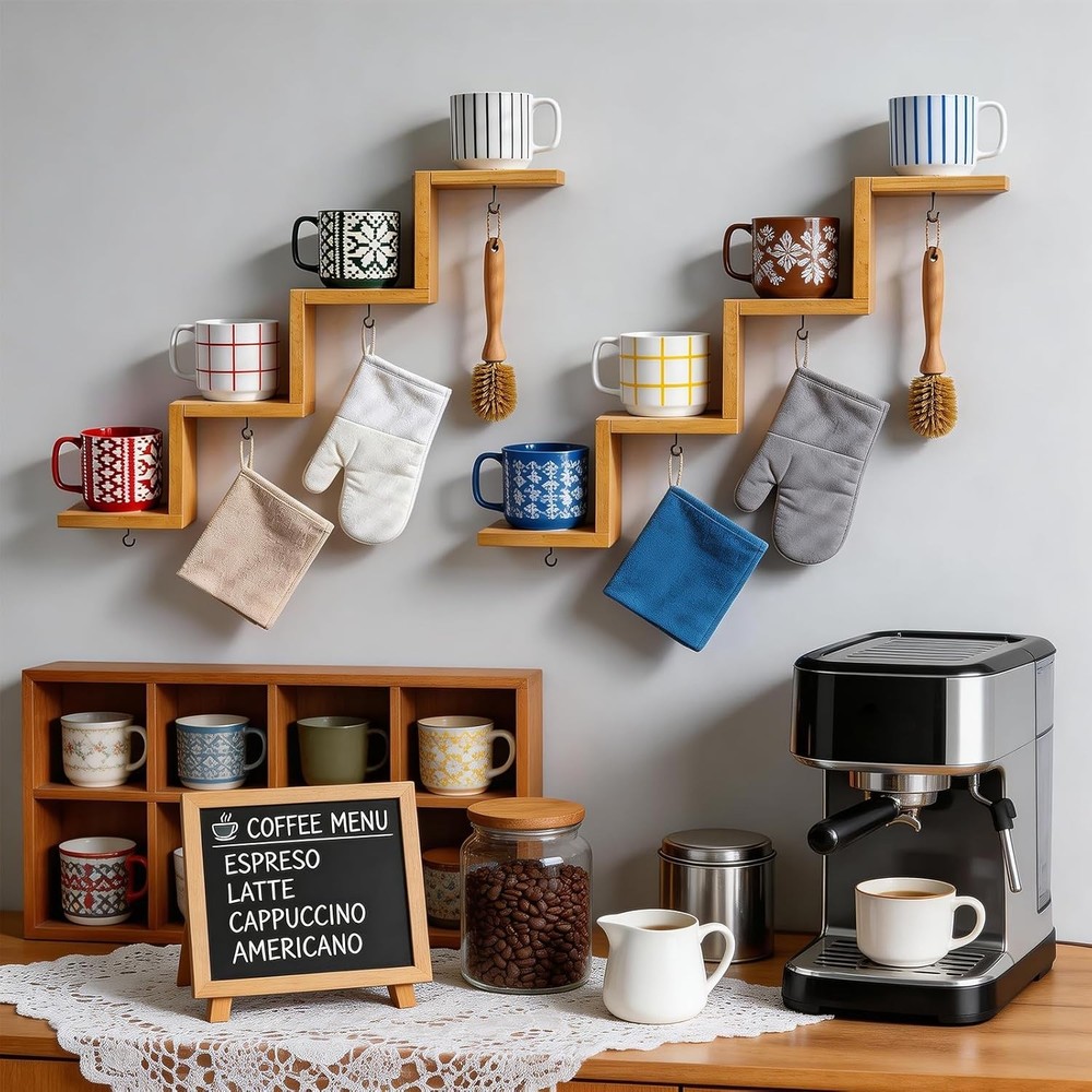 Coffee Cup Holder Wall Mounted Multi-Layer Mug Mount Rack W/ Hooks Hanger