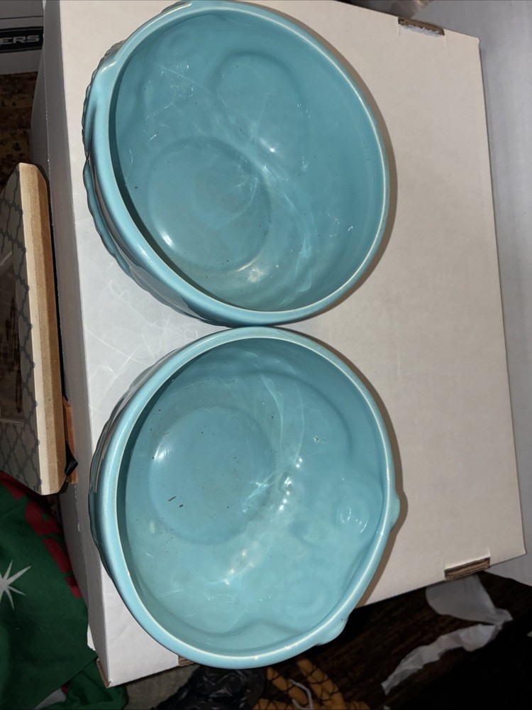 Two Blue Ceramic Owl Bowls From World Market Raised Pattern