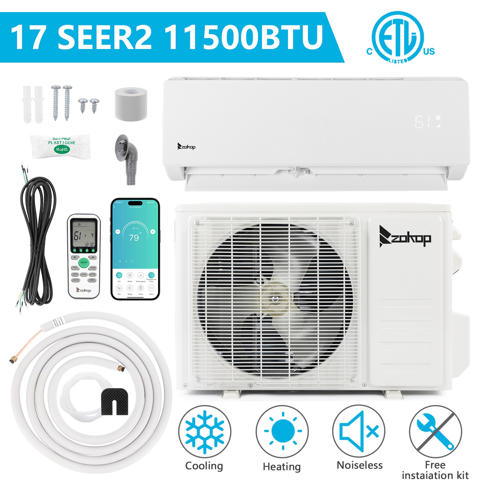 11500 BTU Inverter Ductless Air Conditioner & Heat Pump WiFi Mini Split Kit 115V