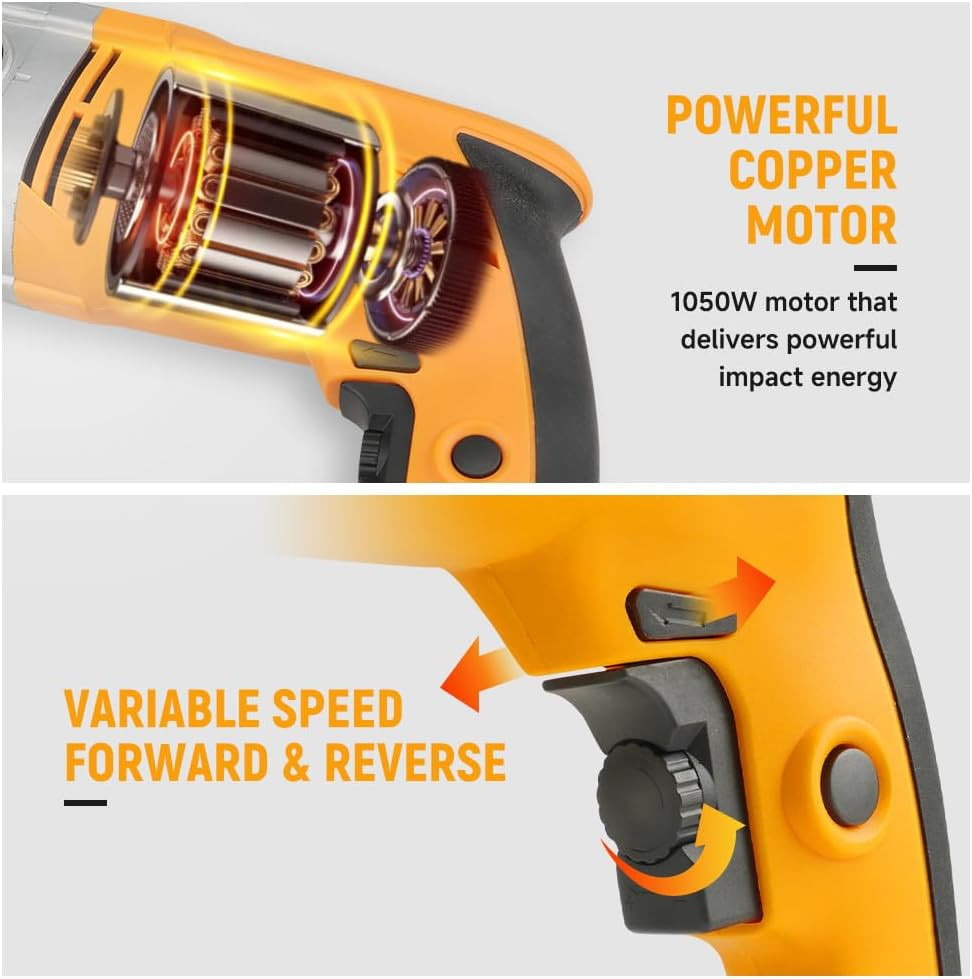 Powerful 9-Amp Corded Hammer Drill with 10 HSS Bits - 2-Speed Performance
