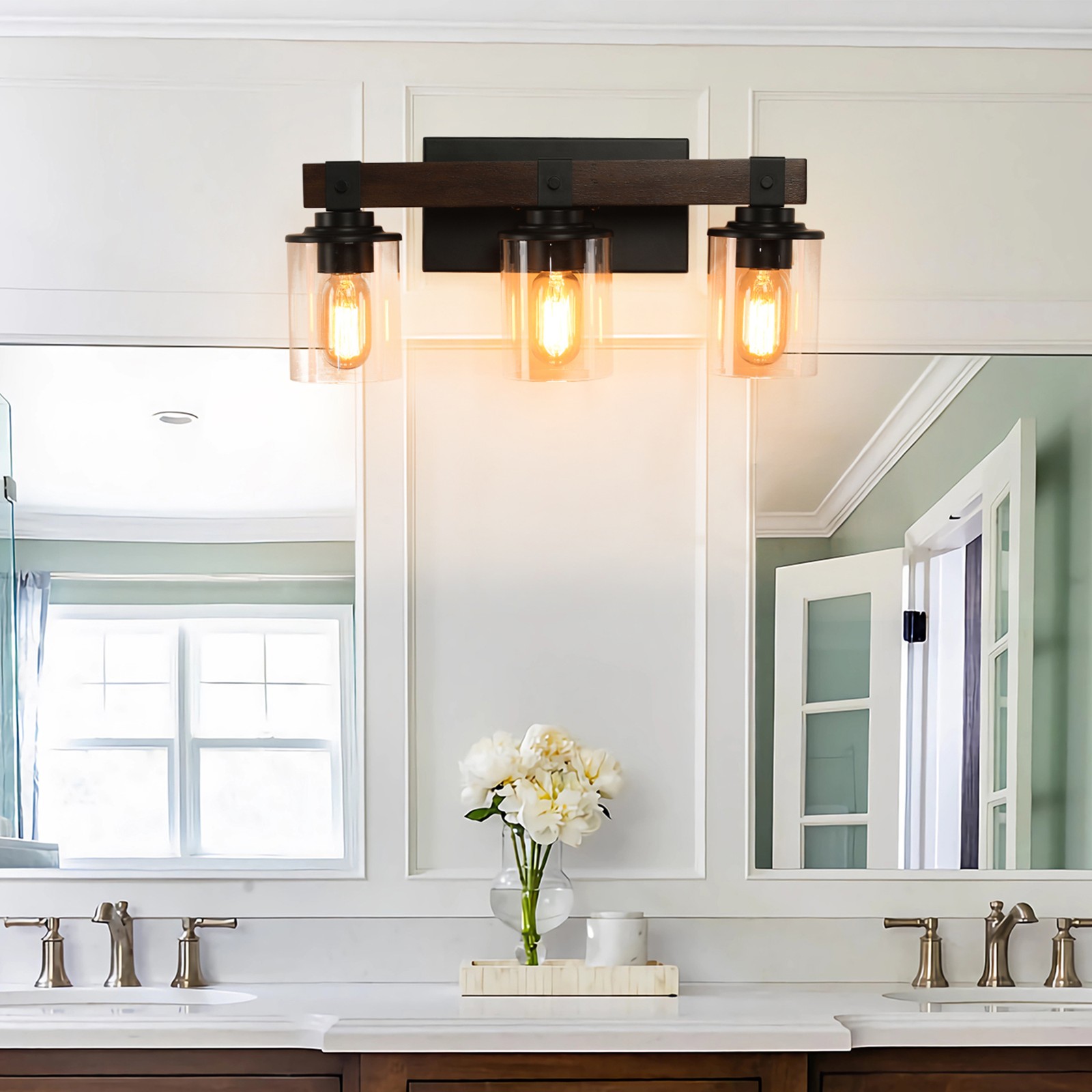 19" Vintage Vanity Light Bathroom Mirror Wall Lamp 3 Lights Rustic Wood Fixture