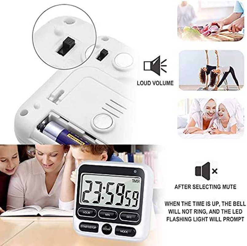 Digital Kitchen Timer with Mute/Loud Alarm Switch On/Off Switch, 12 Hour Clock &