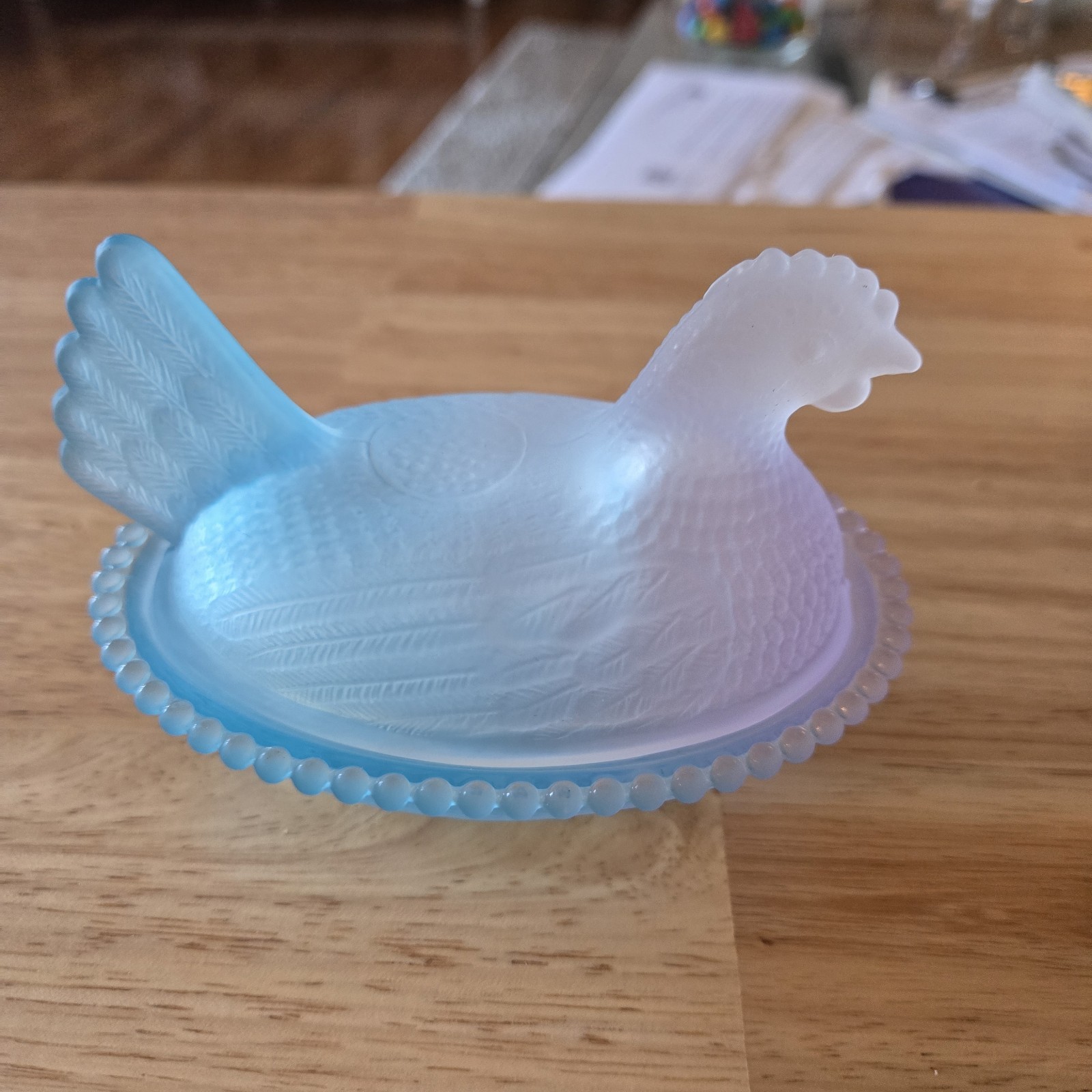 Beautiful Purple and Blue Glass Hen on a Nest. Measures 5.5 Inches Long