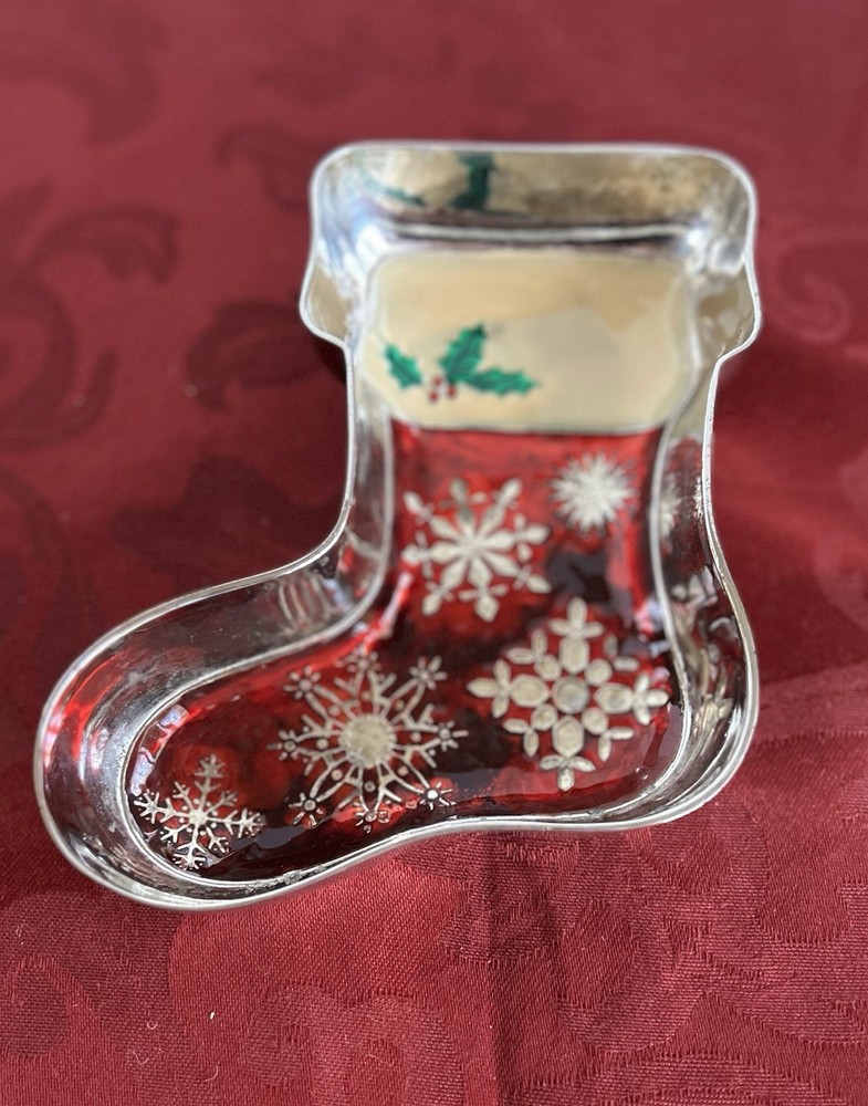 GODINGER SILVER PLATED STOCKING CANDY/ TRINKET DISH CHRISTMAS 6 IN