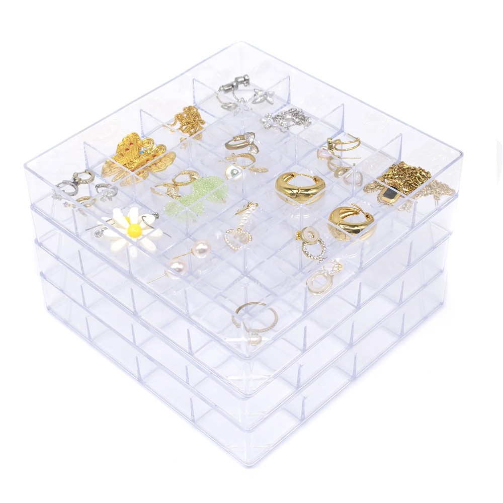 4 PCS Stackable Jewelry Organizer Tray, Plastic Storage Box with 16 Mini Grid...