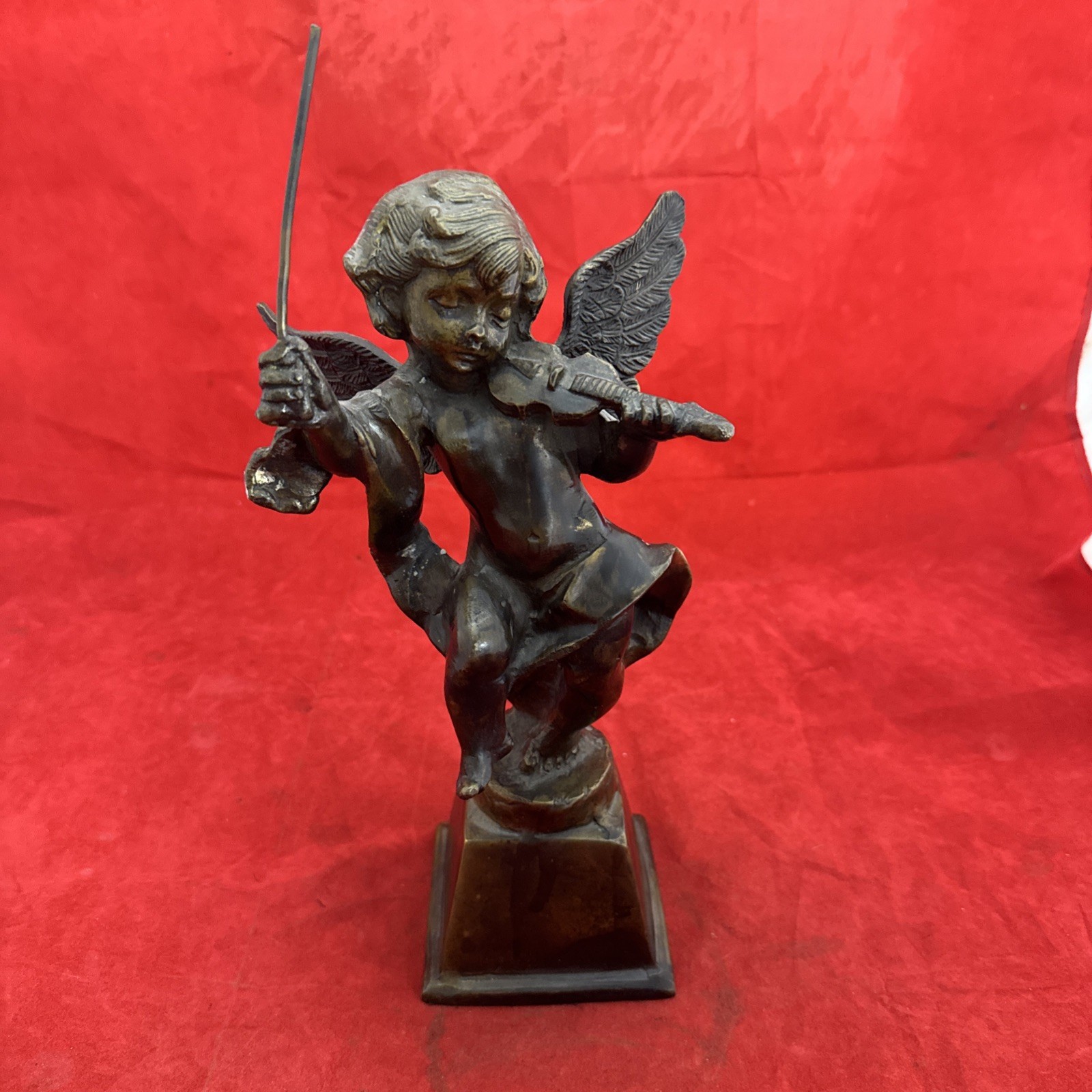 Bronze Cherub Angel Boy Playing Violin 12.5” Tall Heavy