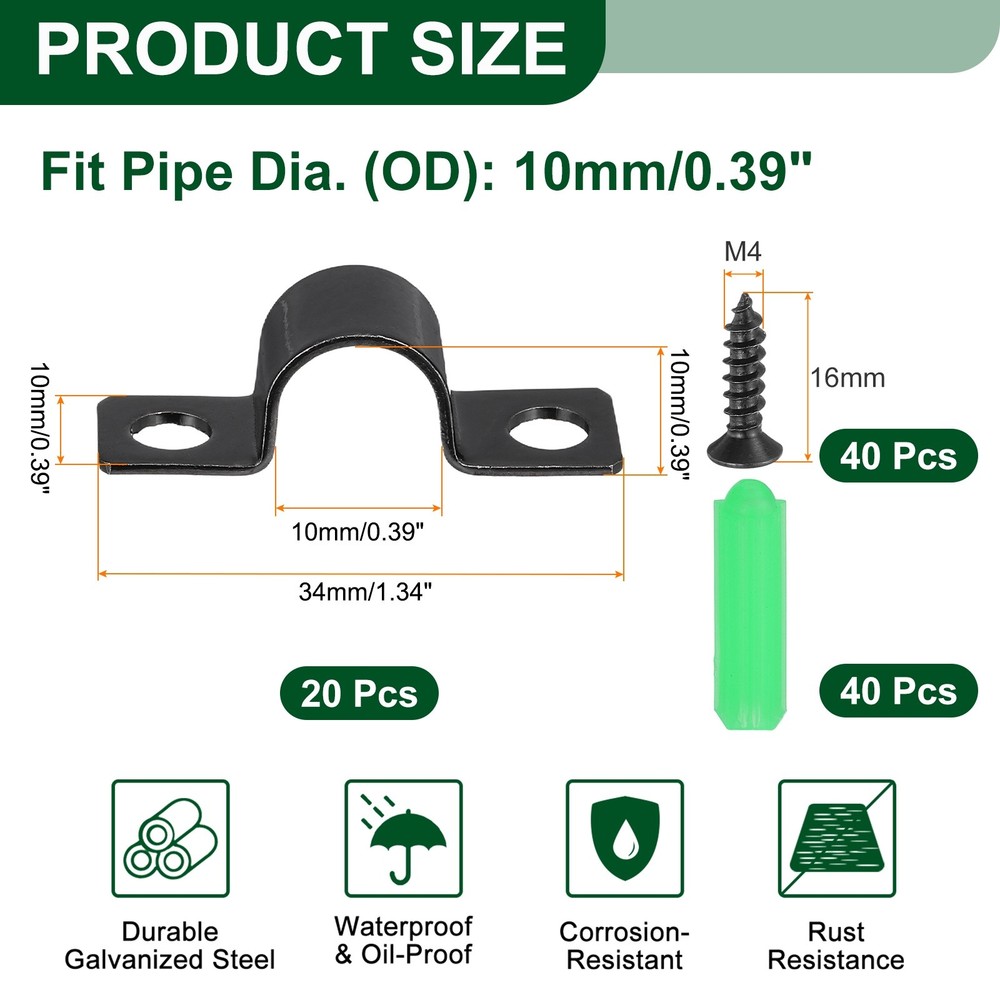 20Pcs 10mm(3/8") Two Hole Pipe Strap, U Brackets Conduit Clamp