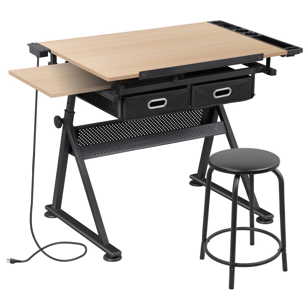 Adjustable Drafting Drawing Tiltable Table & Stool w/ 2 Drawers & Outlet Natural