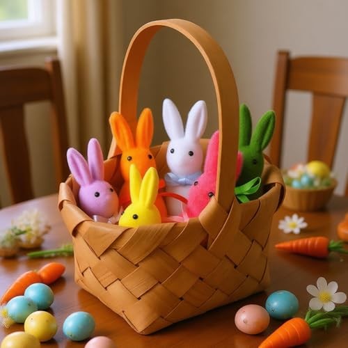 6 PCS Flocked Easter Bunnies Decors Set with 6 Colorful Eggs & Stakes, Rabbits