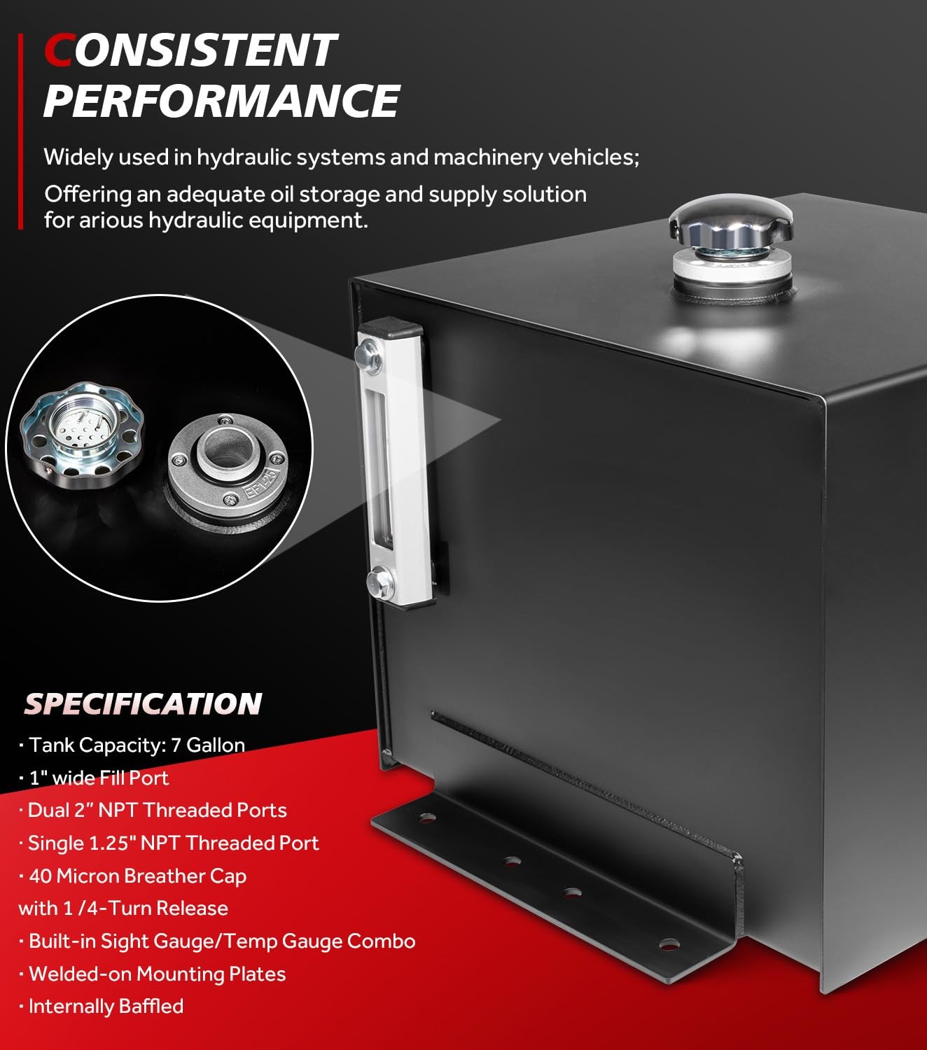7 Gallon Hydraulic Fluid Reservoir Tank with Temp Gauge Sight-Gauge and Breather