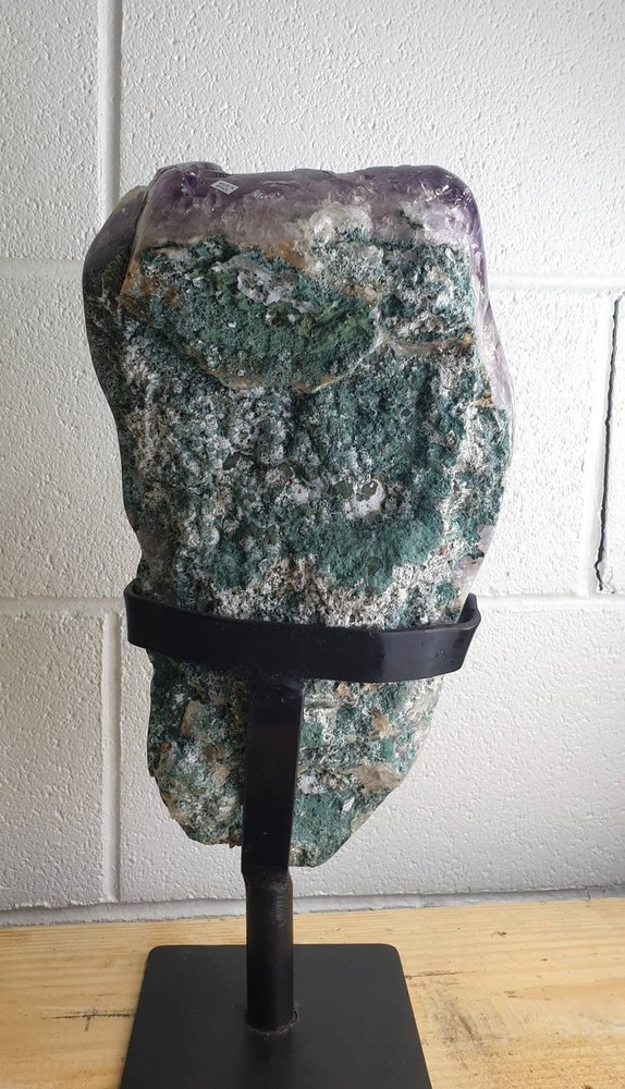 3) Large Amethyst Crystal + Calcite on Custom Stand