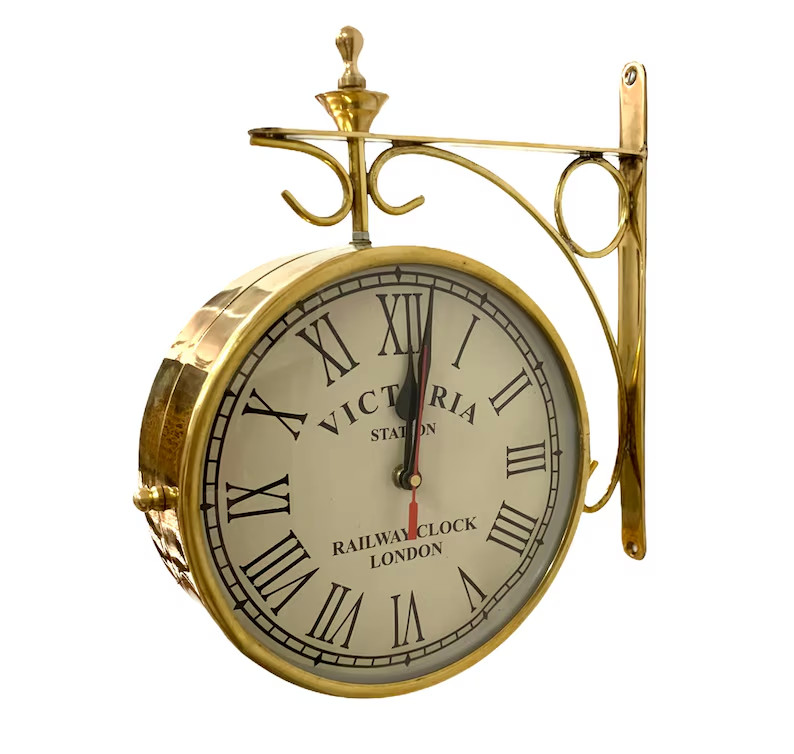 Full Size 8" Victorian Railway Station Double Side Clock Brass Finish Wall Clock