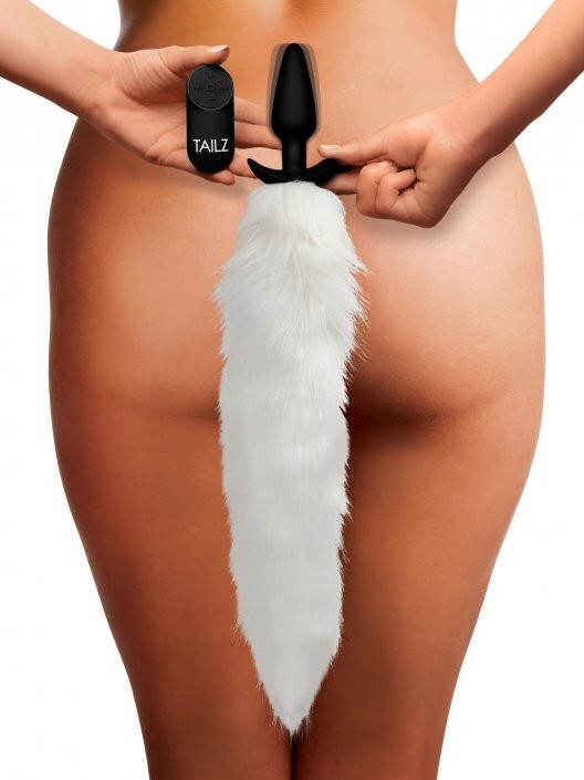 Vibrating White Fox Tail Slender Anal Plug Ass Butt Pet Play Remote Control Vibe