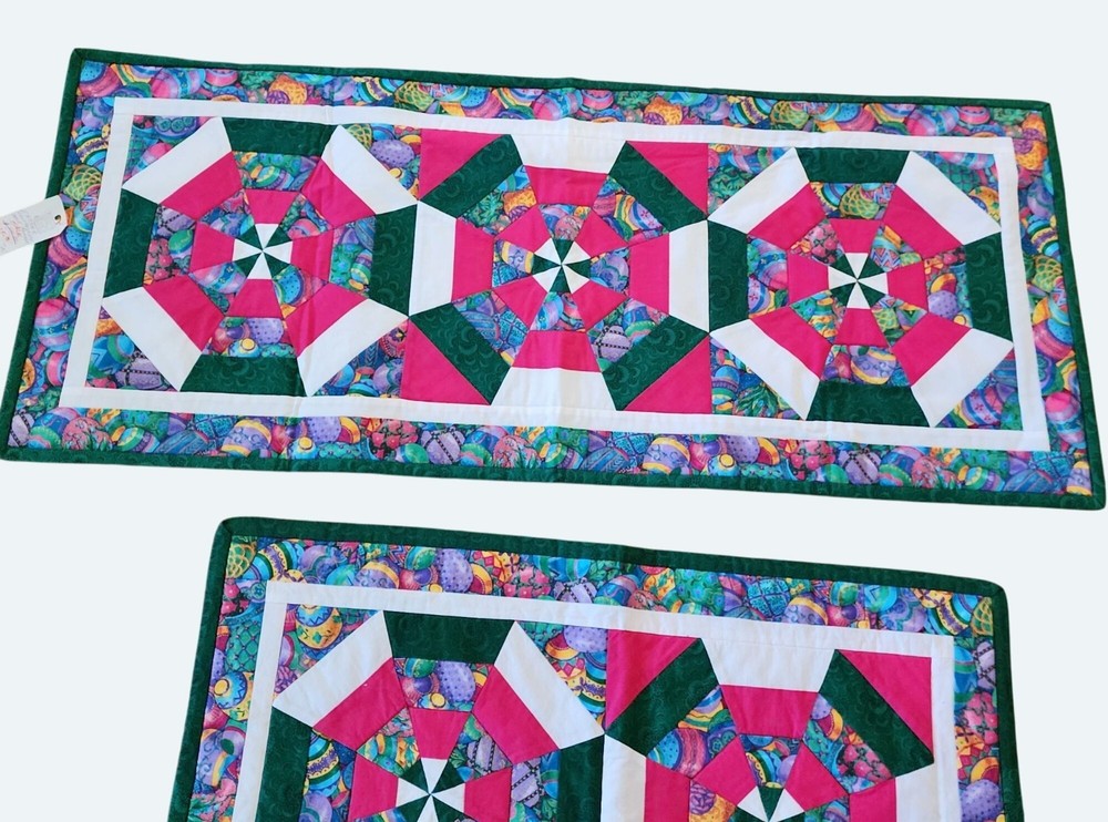 Quilted Easter Kaleidoscope Table Runners Set Vibrant Patterns Colors 26" & 36"
