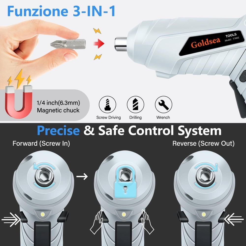 Cordless Electric Screwdriver 4.2V with Adjustable Handle & 10 Magnetic Bits