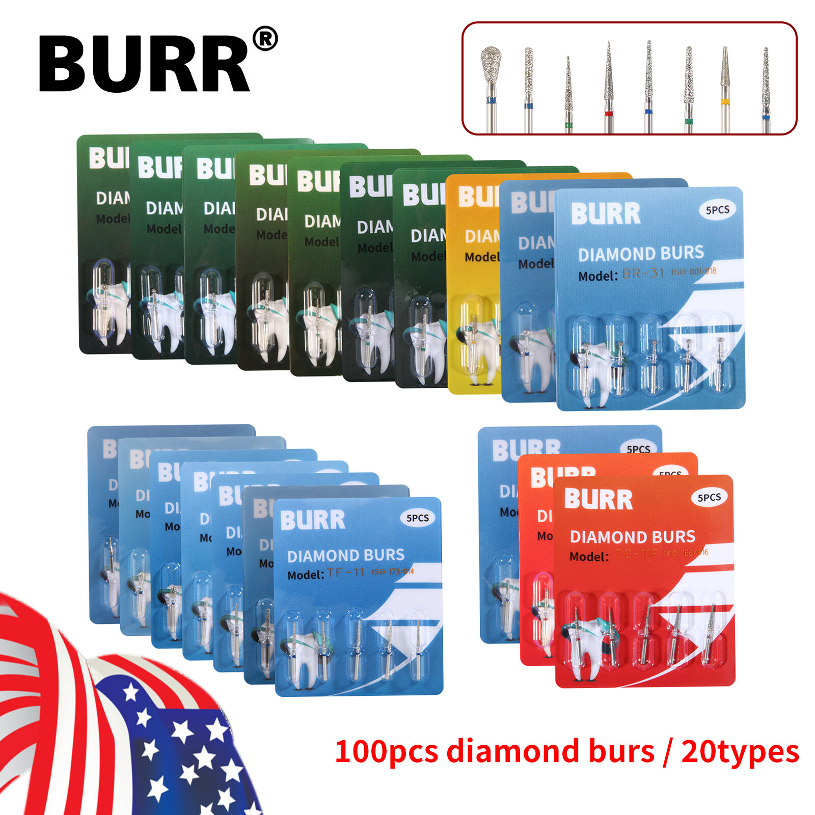 100 fresas diamante para turbina Diamond Burs dental High speed handpiece 1.6mm