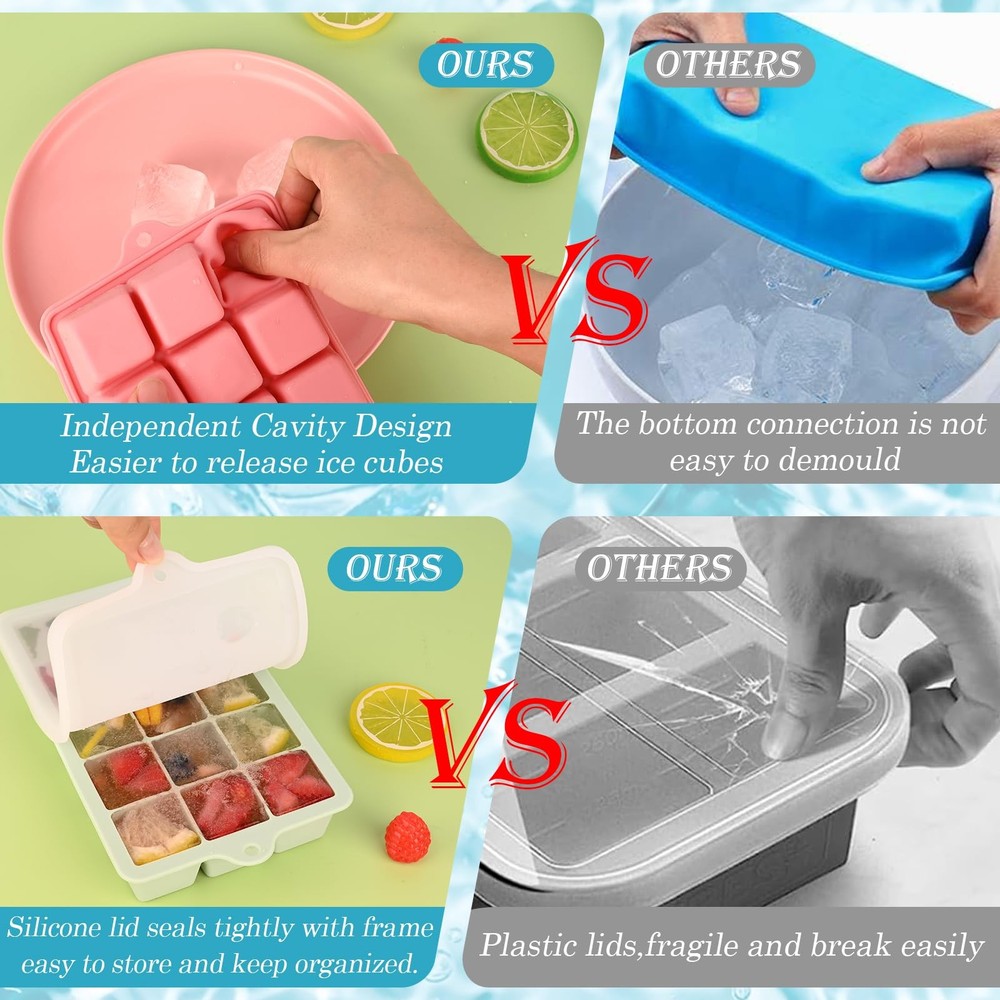 HUAKENER 2 Pack Silicone Ice Cube Tray, Medium Size Medium, Pink+Green