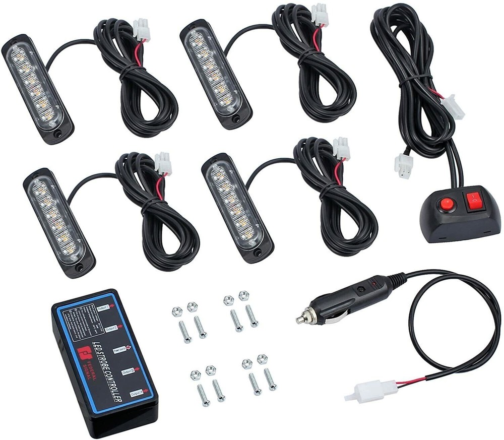 Amber 4x 6 LED Flashing Grill Lights Bar Warning Recovery Breakdown Kit + Module