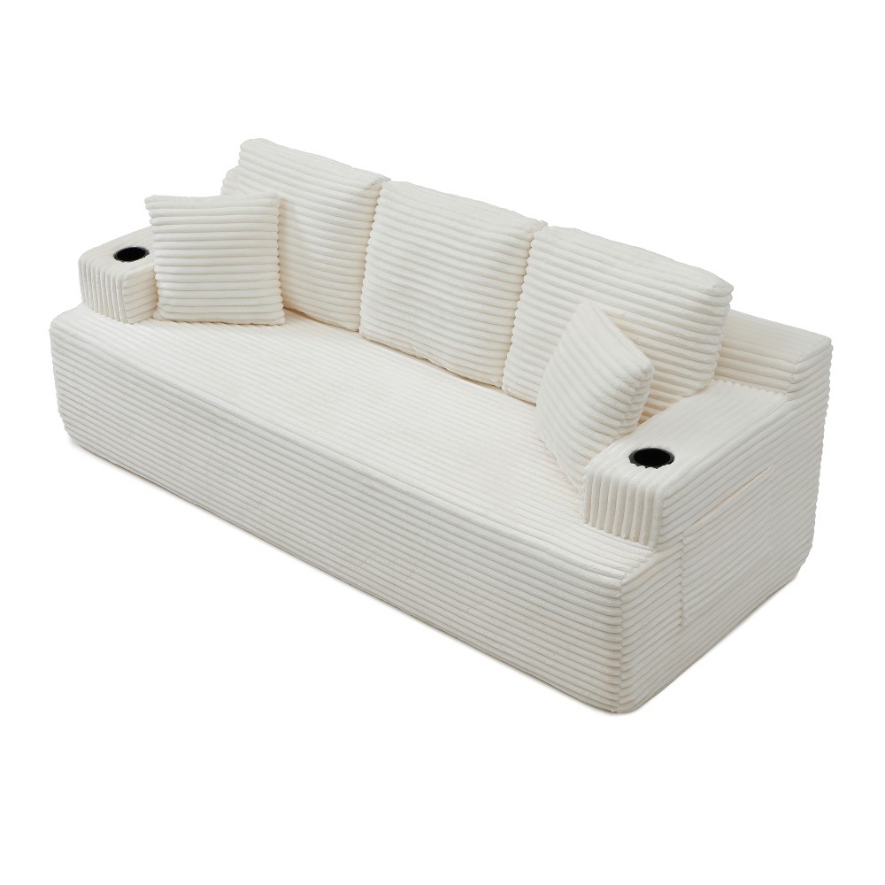 Corduroy Floor Sofa Beige, No Assembly w/ Cup Holders & Side Pockets