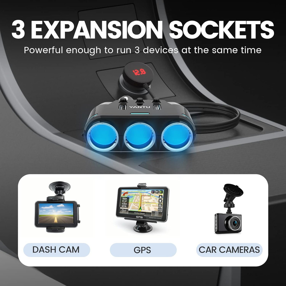 Cigarette Lighter Adapter & Splitter with 150W 3-Sockets & LED Ambient Lighting,