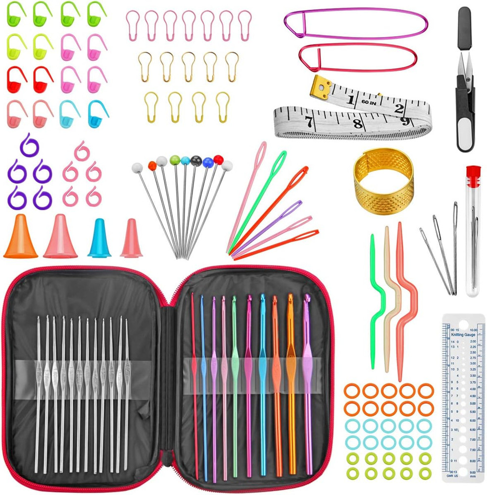 Crochet Hook Set with Yarn – 100pc Knitting Needles, Sewing & Craft Tools Kit