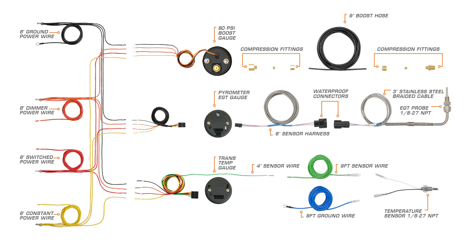 GlowShift W7 Boost EGT Trans Temp Gauges + Black Pod for 03-09 Dodge Ram Cummins