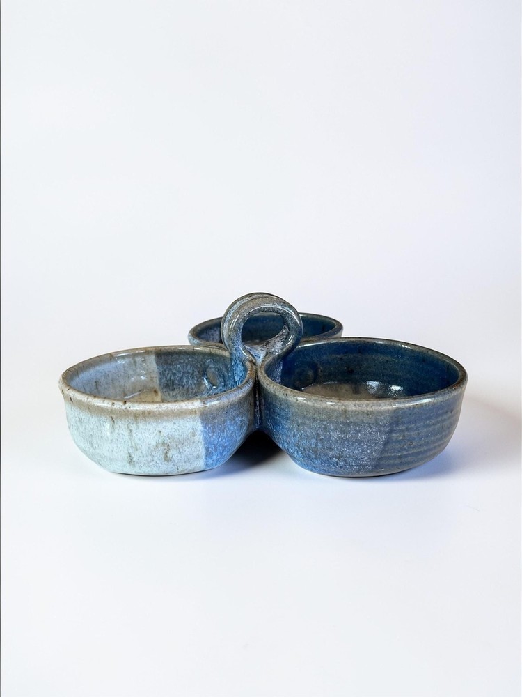 Handmade Pottery Divided Condiment Serving Dish Rustic Bowl Blue Glaze