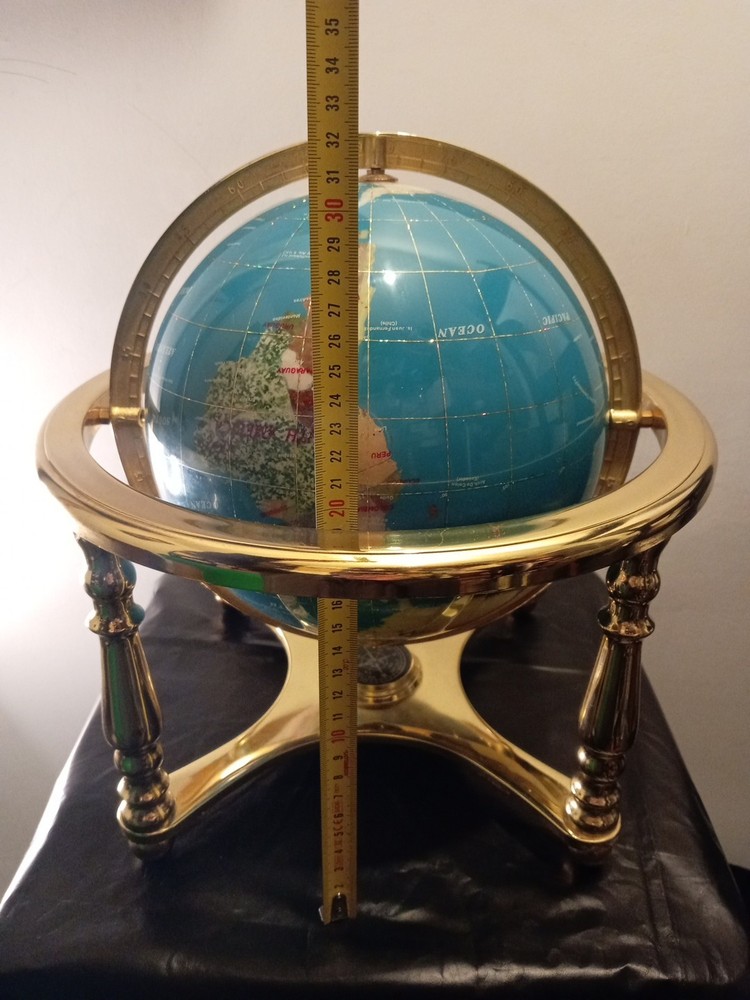 Gemstone World Globe 3d Map Sky Blue Semi-Precious Stone Brass Stand Compass 9"