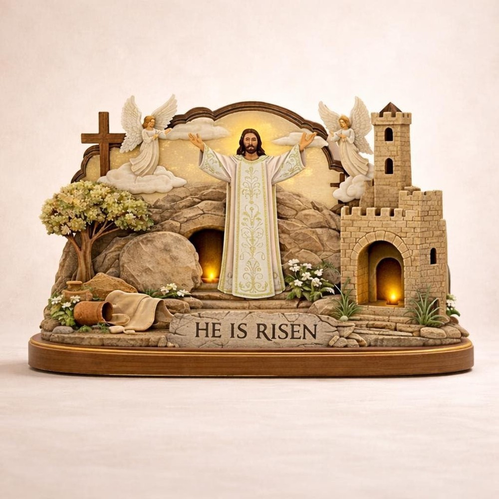 He Is Risen Easter Wooden Sign – 2D Empty Tomb Christian Tabletop Decor