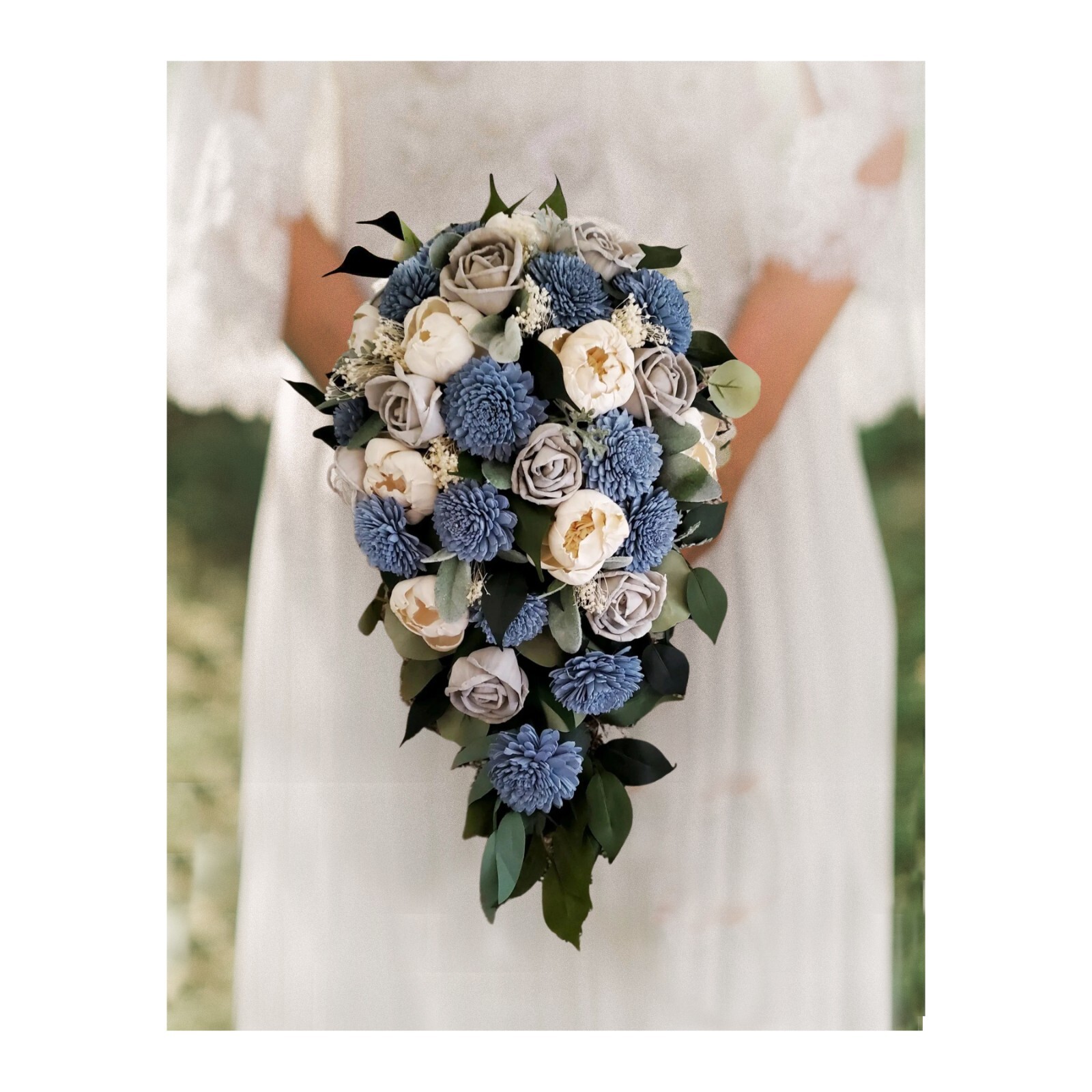 Dusty Blue Gray Bridal Bouquet Sola Wood Flower White Wedding Cascade Artificial