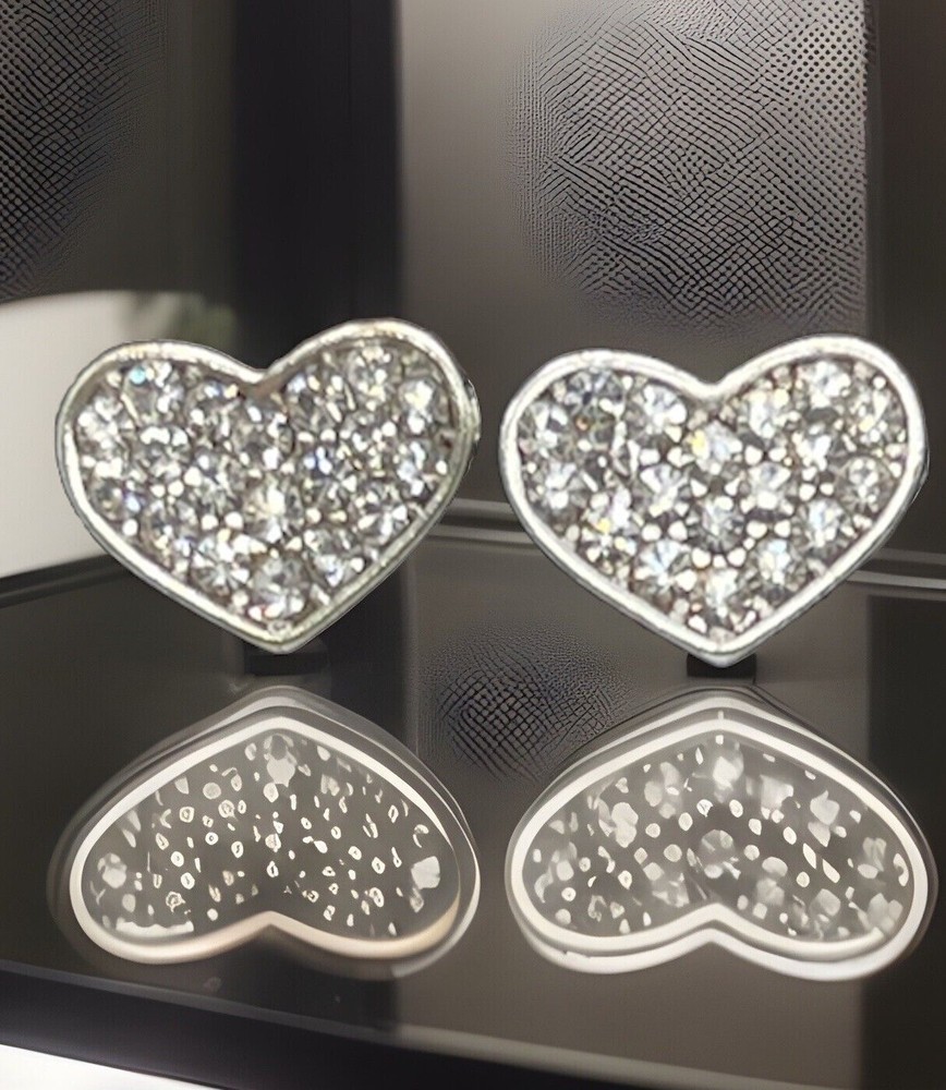 Vintage Pavee Rhinestone Heart Silvertone Stud Earrings