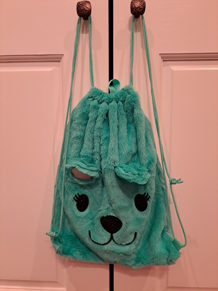Girls Teal Bear Drawstring Backback New