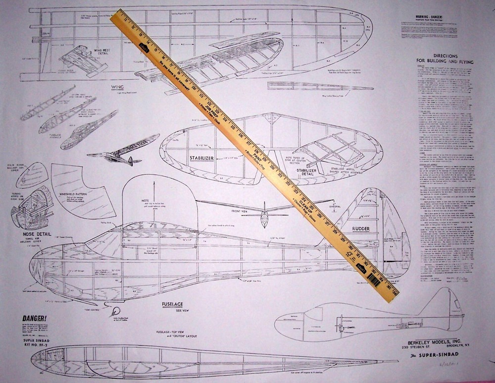 Berkeley SINBAD 40 PLAN & PARTS PATTERNS for 40" Towline Glider Model Airplane