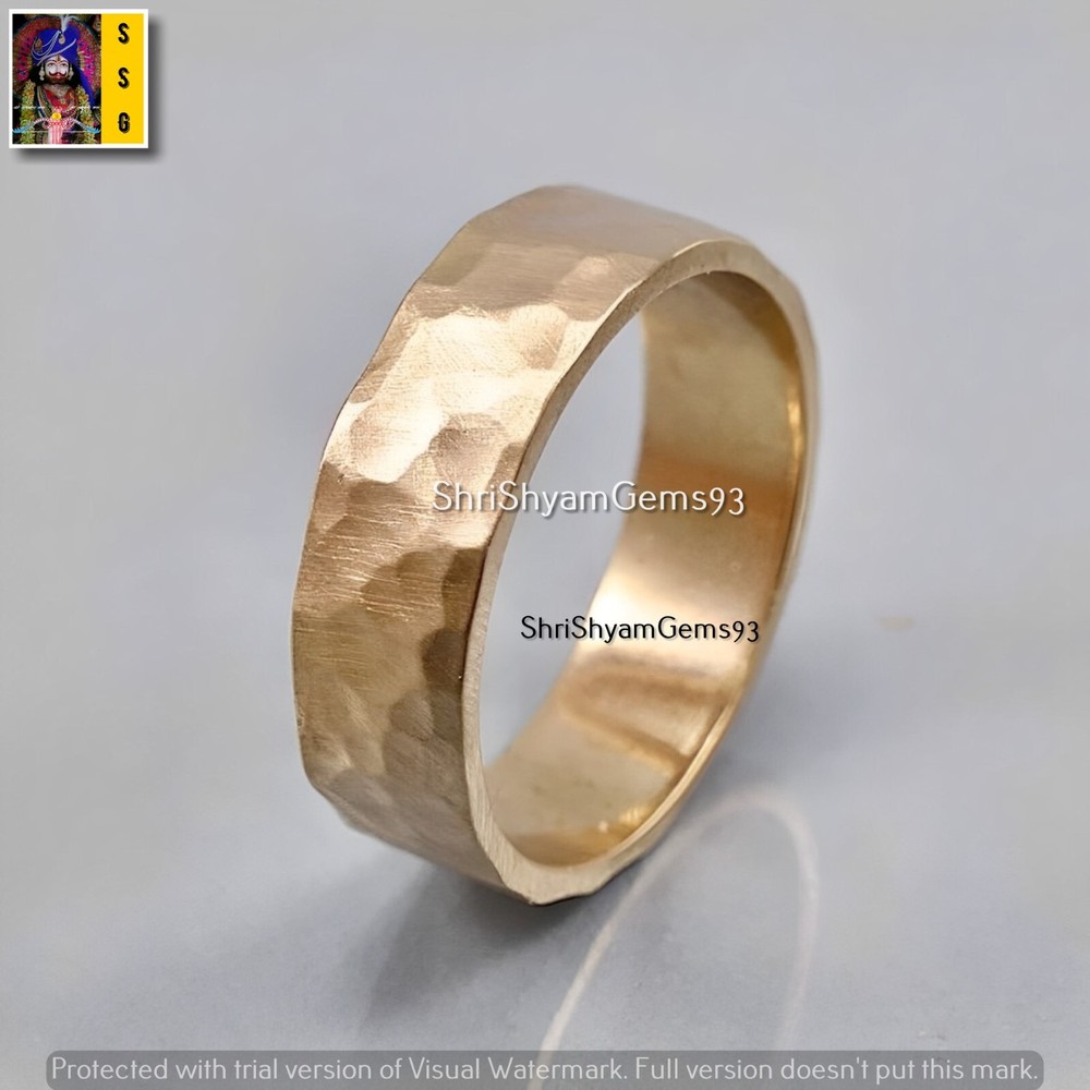 Men's Hammered Solid Brass Ring Rustic Golden Brass Wedding Band Gift For Him