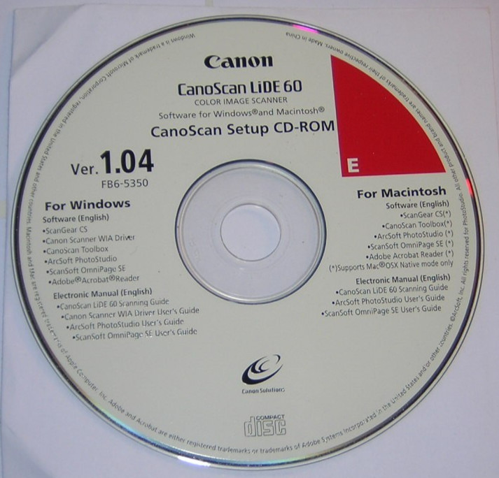 CanoScan LIDE 60 Software Ver 1.04 Installation Windows XP PC/ Mac CD-ROM (2005)