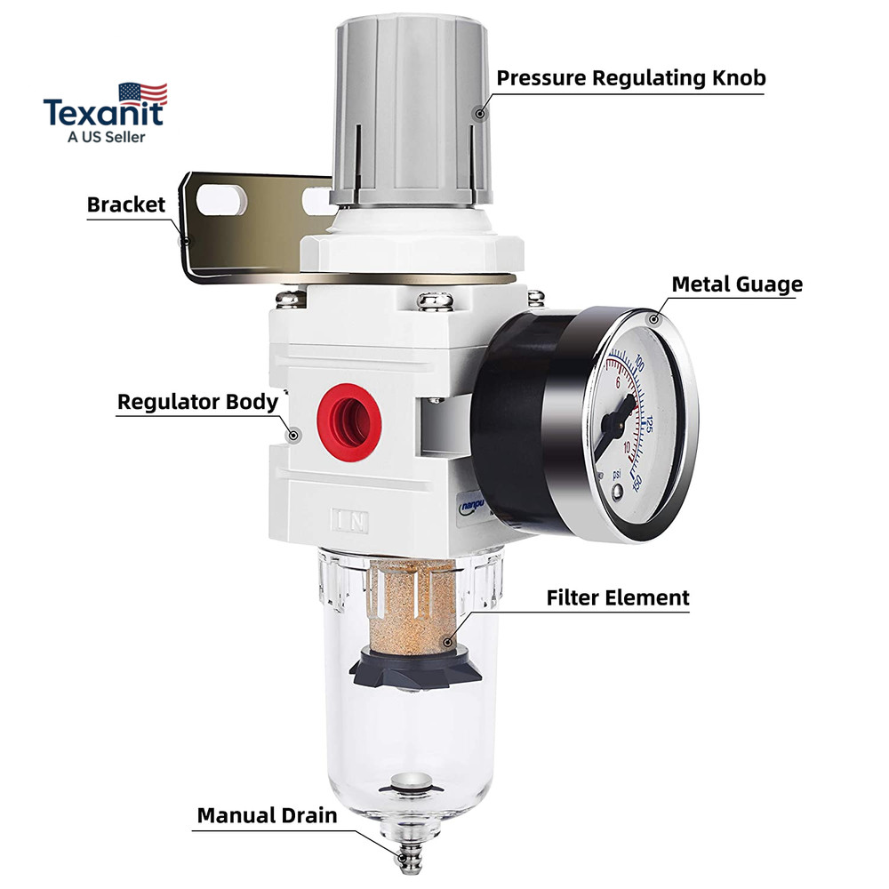 1/4" NPT Compressed Air Filter Regulator Combo Piggyback, 5 Micron Brass Element