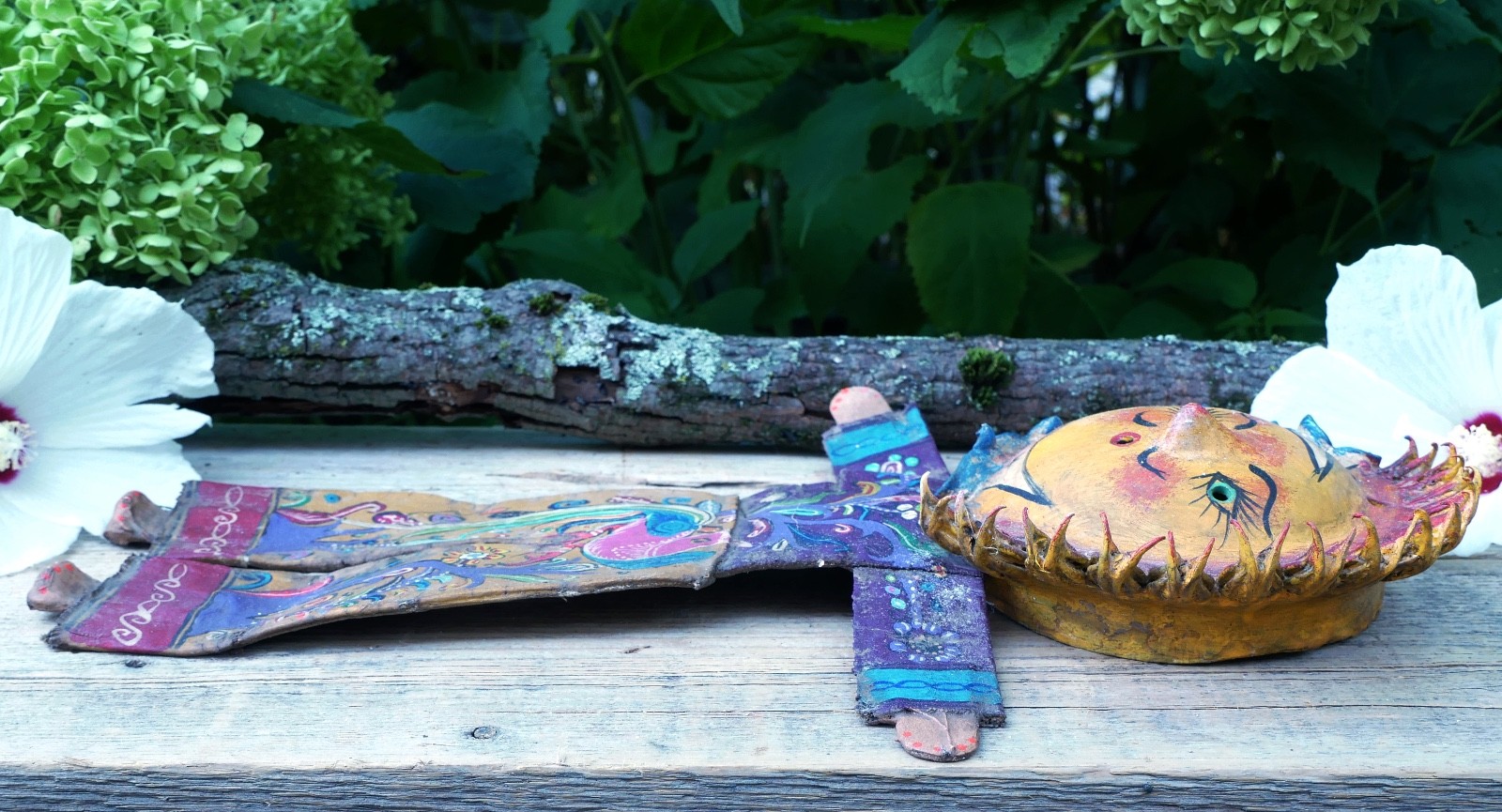 Sun Moon Face Man Hand Painted Handmade Canvas Coconut Guerrero Mexico Folk Art