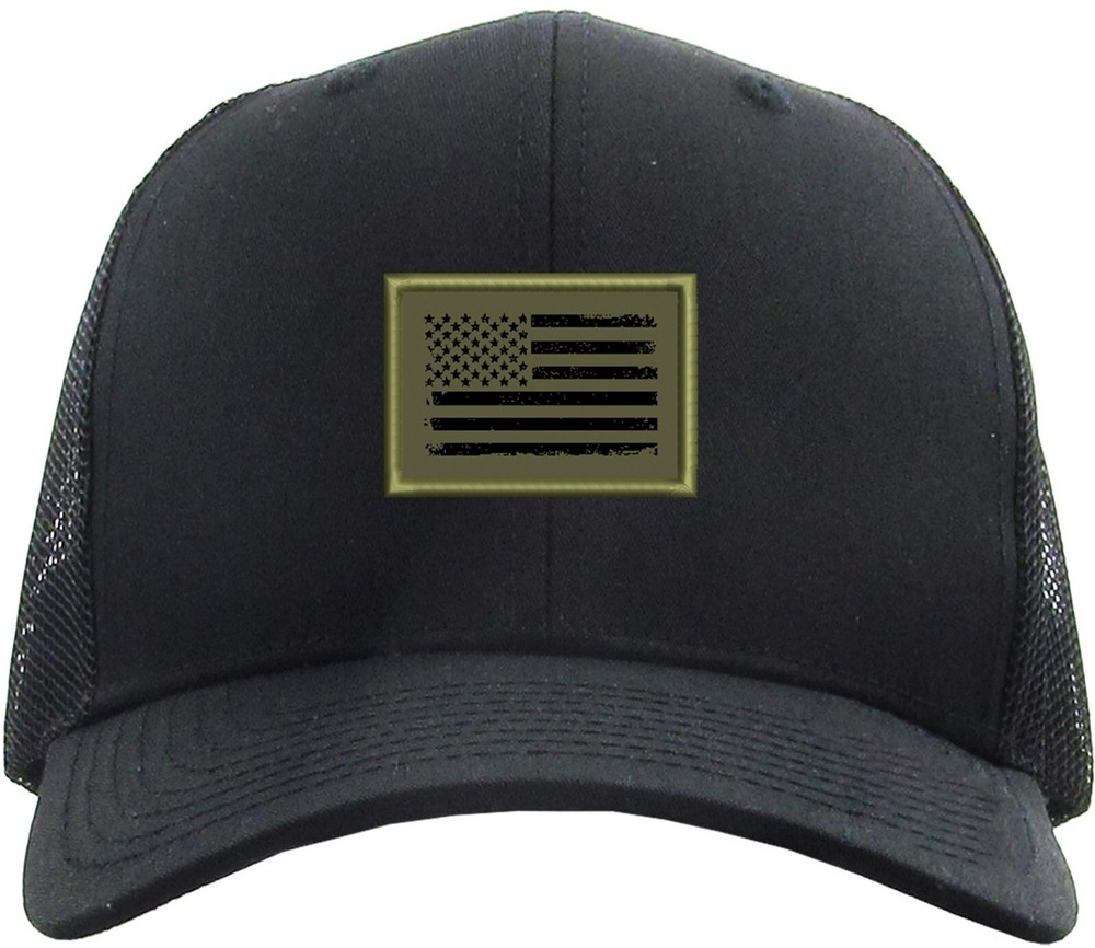 American Flag Patch Olive Green Trucker Mesh Snapback Black/Black