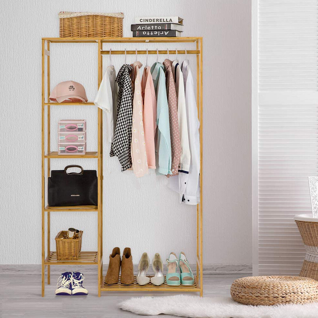 Bamboo Garment Rack Freestanding Closet Heavy Duty Clothes Rod Storage Organizer