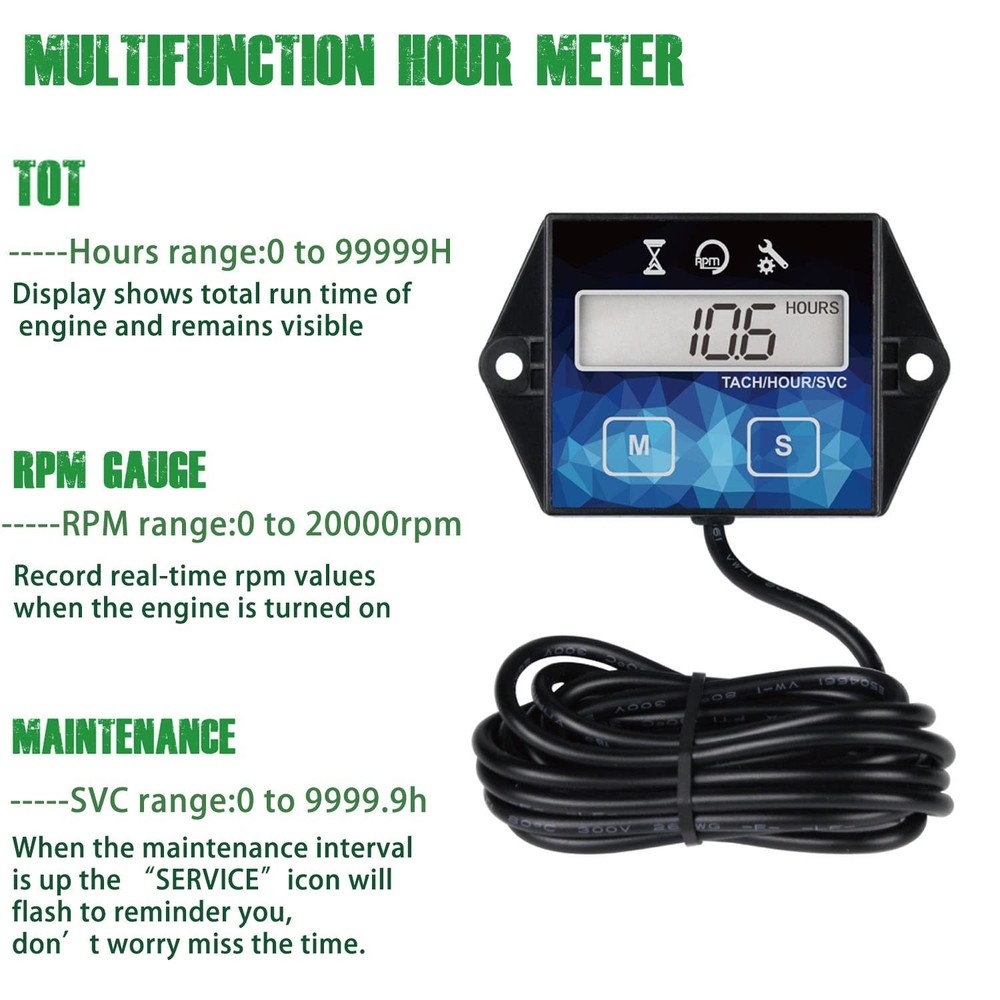 Digital Small Engine Tachometer Hour Meter,Resettable Hours,Replaceable Batte...