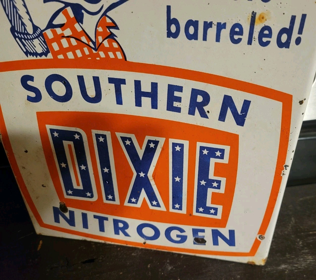 Vintage Dixie Southern Porcelain Flange Sign Nitrogen Rebel Black Americana USA